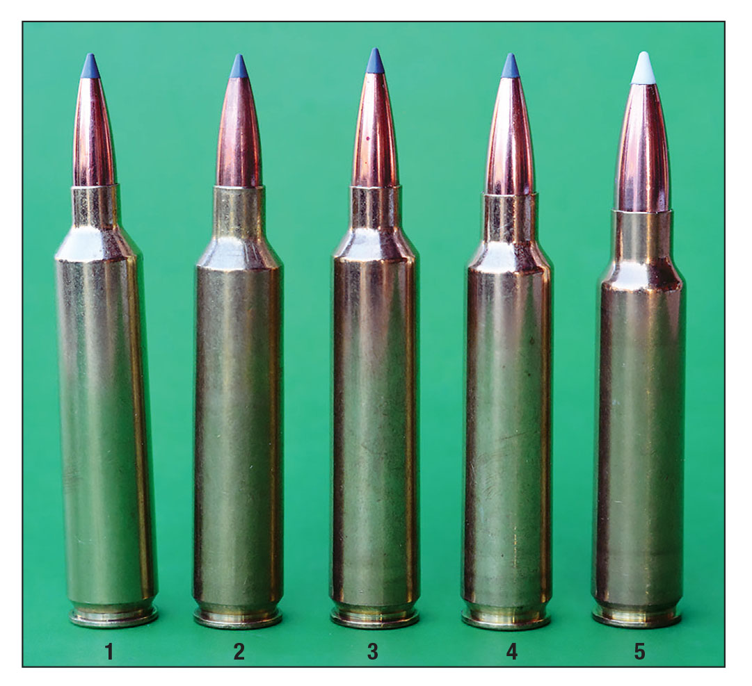 Nosler cartridges include: (1) 26, (2) 27, (3) 28, (4) 30 and (5) 33. Each is based on the beltless Remington Ultra Magnum case, which features a 35-degree shoulder and has an overall loaded length of 3.340 inches that allows them to work in 30-06-length actions.